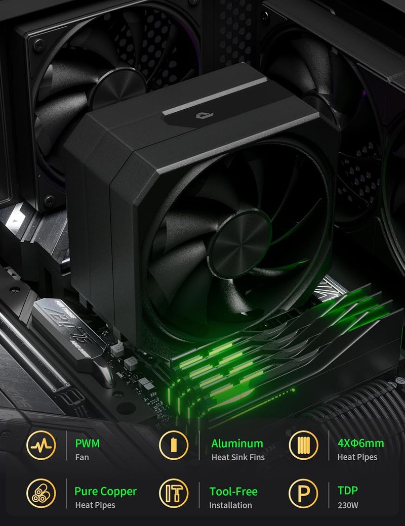 upHere CPU Air Cooler with 4X6mm Heat Pipes,120mm Fan CPU Cooler 1650rmp,CPU Cooler AMD AM5/AM4/AM3 Series,CPU Air Cooler 6.1’’ Height Compatible with Intel LGA 1700/1851/1155/1156/2011/2066(Black) - Image 5